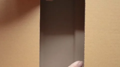 Hand open a brown cardboard box, revealing an empty inside 库存影片 328219601