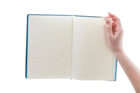 Hand open diary, notebook for notes. Female hand opened page of notebook Stock Photos