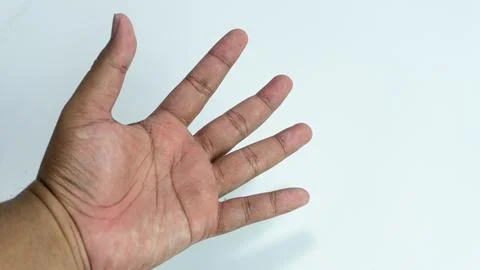 Hand in open five-finger pose, showing five fingers isolated on white backg.. Stock Photos