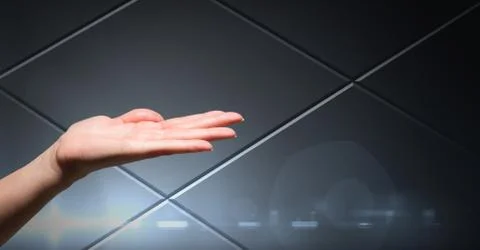 Hand open with grey technology background 스톡 사진