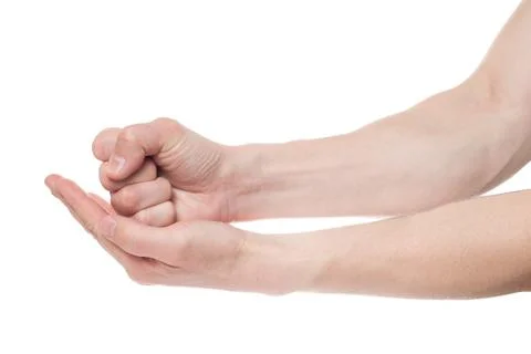 Hand with open palm on white background. Male hand in the attack and in defen Stock Photos
