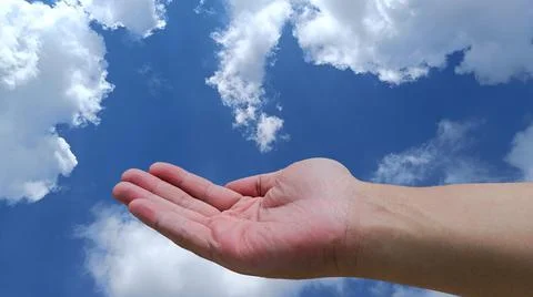 Hand open. sky and cloud background with clipping path. Foto stock