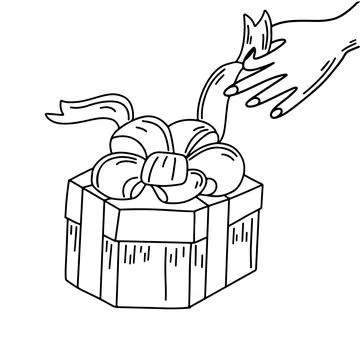 Hand opening gift box with ribbon in hand drawn doodle style. Vector illustra Stock Illustration