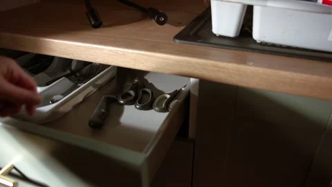 Hand opening green kitchen drawer and gets knife Stock Footage 346720522