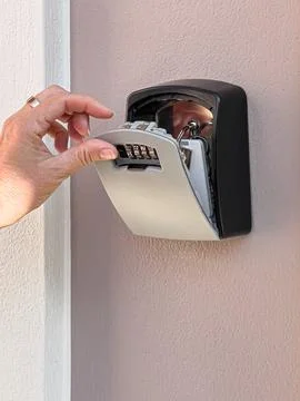 Hand opening key safe with combination lock and keys Stock Photos