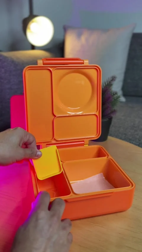 Hand Opening Orange Compartment Lunch Box Indoors Stock Footage 346454396