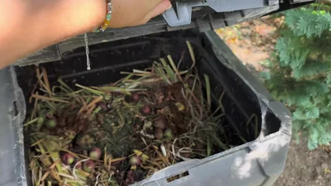 Hand opening a plastic compost bin filled with organic waste Stock Footage 341465445