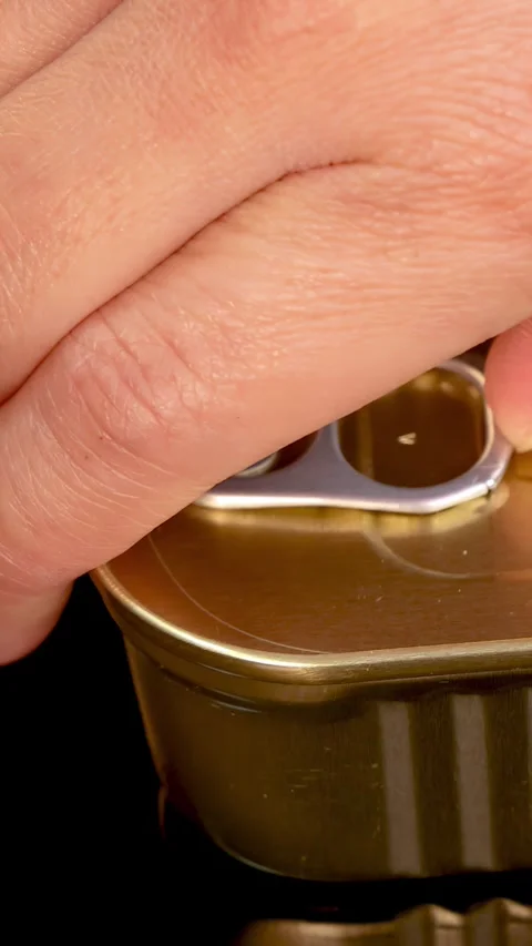 Hand Opening Rectangular Canned Food with Pull Tab Stock Footage 314039318