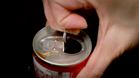 Hand Opening Red Soda Can Closeup on Dark Background Stock Footage 340123971