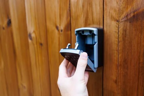 Hand Opening Wall Mounted Gray Key Lockbox on Wooden Surface 写真素材