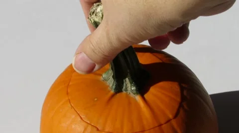 Hand opens and closes the top of a small orange pumpkin 1247 loop Stock Footage 43292033