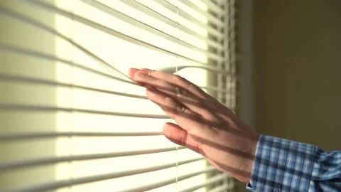 Hand Opens The Blinds In The Office. Daylight Sunshine. Stock Footage 148866504