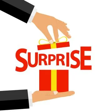 The hand opens the box with the gift. A hand holds a present with a surprise Stock Illustration