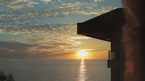 The hand opens the curtains. Sea view Stock-Footage 74167255