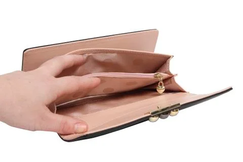 Hand opens empty wallet. white background Stock Photos