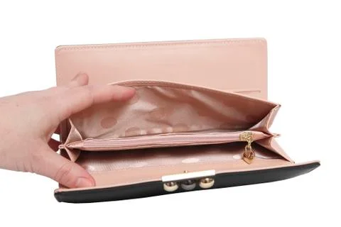 Hand opens empty wallet. white background Stock Photos