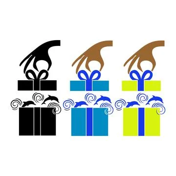 The hand opens a gift box from which dolphins jump out Illustrazione stock