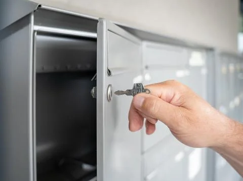 Hand opens a mailbox with a key in a row of grey metal mailboxes with drop slots Stock Photos
