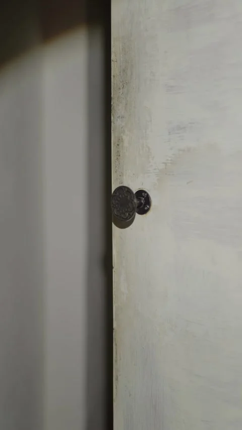 Hand opens a vintage white cabinet door with round knob Stock Footage 333527188