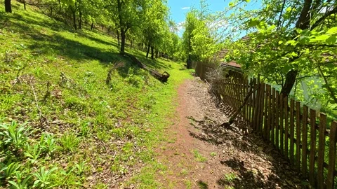 Hand opens wooden gate to sunlit path. Ovcar Kalbar Gorge, Serbia Stockbeeldmateriaal 333843312