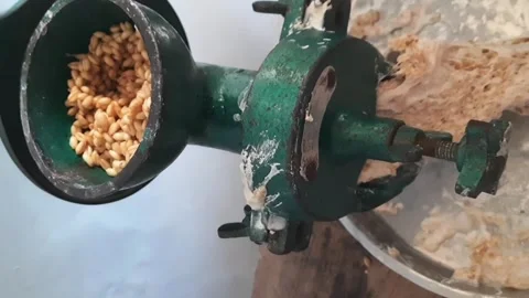 Hand Operated Machine Grinding Wet Wheat into Paste - Making Kurdai Video stock 331435547