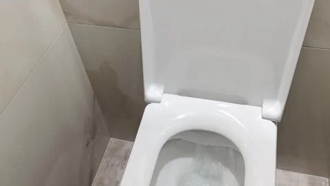 Hand operates sensor for toilet flush in modern bathroom setting with clean desi Stock Footage 329441814