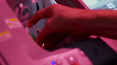 Hand Operating Industrial Machine Touchscreen, Pink Light, Close Up Shot Stock Footage 341523581