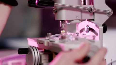 Hand Operating Precision Laboratory Instrument, Pink Light, Macro Close Up Shot Vídeo Stock 341521594