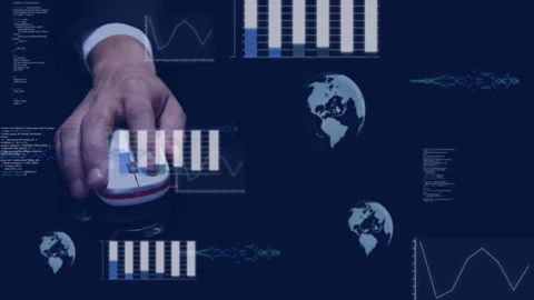 Hand operating red computer mouse while bar charts line graphs code snippets and Видео 309110297