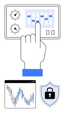 Hand operating sliders on a control panel, security shield with lock, financi Stock Illustration