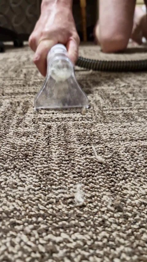Hand Operating Wet Vacuum Extractor on Dirty Brown Textured Carpet Stock Footage 339082120