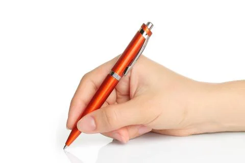 Hand with orange pen Stock Photos