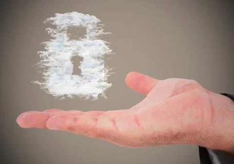 Hand out with cloud lock graphic against brown background Stock Photos
