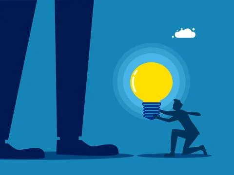 Hand over knowledge. small businessman gives a light bulb to a big man Stock-Illustration