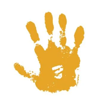 Hand paint print, isolated white background. Yellow human palm and fingers. A Stock Illustration