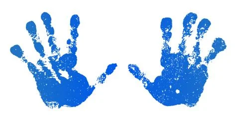 Hand paint print set, isolated white background. Blue human palm and fingers. Stock Illustration