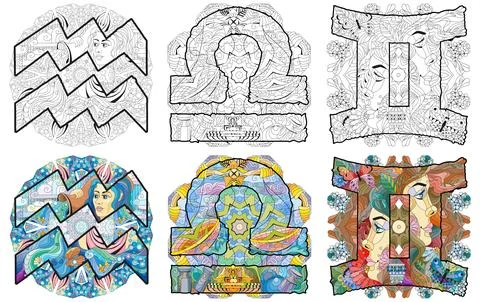 Hand-painted art design for coloring. Hand drawn illustration signs Aquarius, Stock Illustration