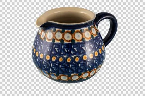 Hand-Painted Blue Ceramic Pitcher Jug With Polka Dot Pattern and Earthenwar.. Stock Photos
