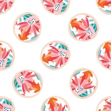 Hand Painted Bold Summer Bloom Floral Polka Dot Seamless Pattern. Pink Red Stock Illustration