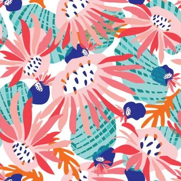 Hand Painted Bold Summer Bloom Floral Motif Seamless Pattern. Classic Blue Pink Stock Illustration