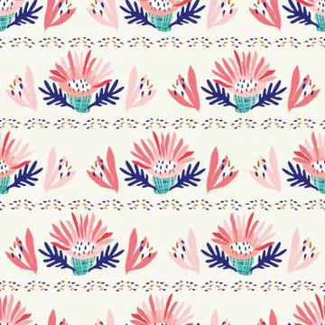 Hand Painted Bold Summer Bloom Floral Stripe Seamless Pattern. Classic Blue Pink Stock Illustration