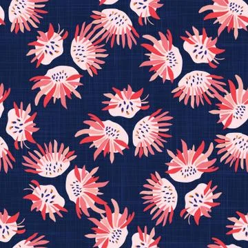 Hand Painted Bold Summer Bloom Floral Motif Seamless Pattern. Classic Blue Pink イラスト素材