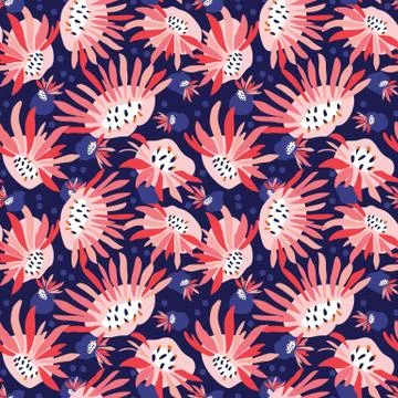 Hand Painted Bold Summer Bloom Floral Motif Seamless Pattern. Classic Blue Pink イラスト素材