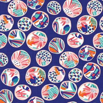Hand Painted Bold Summer Bloom Floral Polka Dot Seamless Pattern. Classic Blue Stock Illustration
