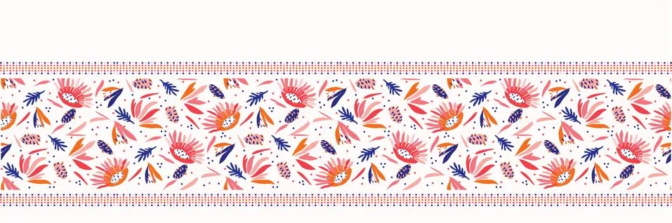 Hand Painted BoldVector Summer Bloom Floral Motif Seamless Banner Pattern Stock Illustration
