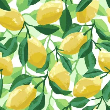 Hand painted botanical summer pattern with lemons and lemon tree leaves, vector Illustrazione stock