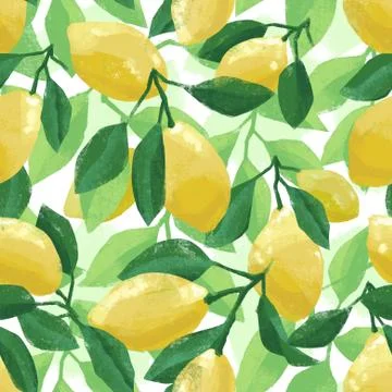 Hand painted botanical summer pattern with lemons and lemon tree leaves Stockillustratie