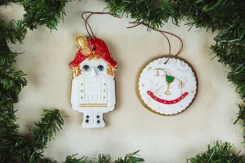 Hand painted Christmas gingerbread nutcracker on a beautiful beige background Stock Photos