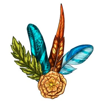 Hand painted composition of feathers, leaf and flower isolated on white Stock Illustration