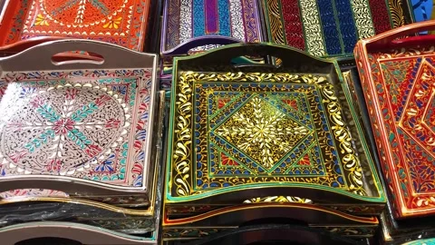 Hand Painted Decorative Trays with Traditional Colorful Designs 스톡 동영상 344647151